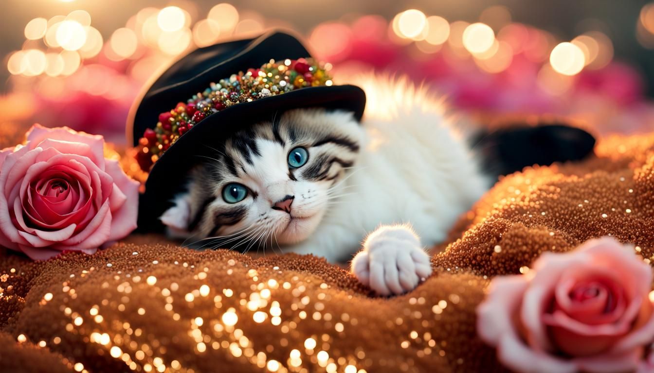 Cute Kitten Asleep on Roses in Retro Style