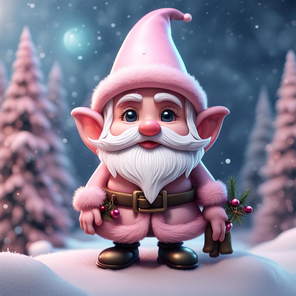 Pink Christmas Gnome Winter Illustration