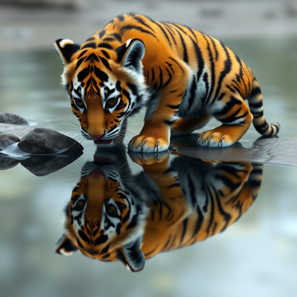 Tiger Cub Gazing at Its Reflection in a Serene Pond