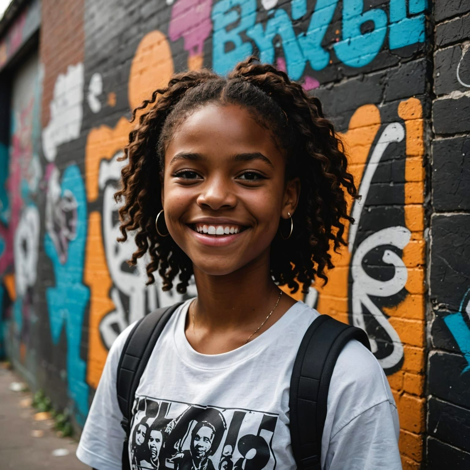 Hyperrealistic Black Girl Smiling in Urban Street Art