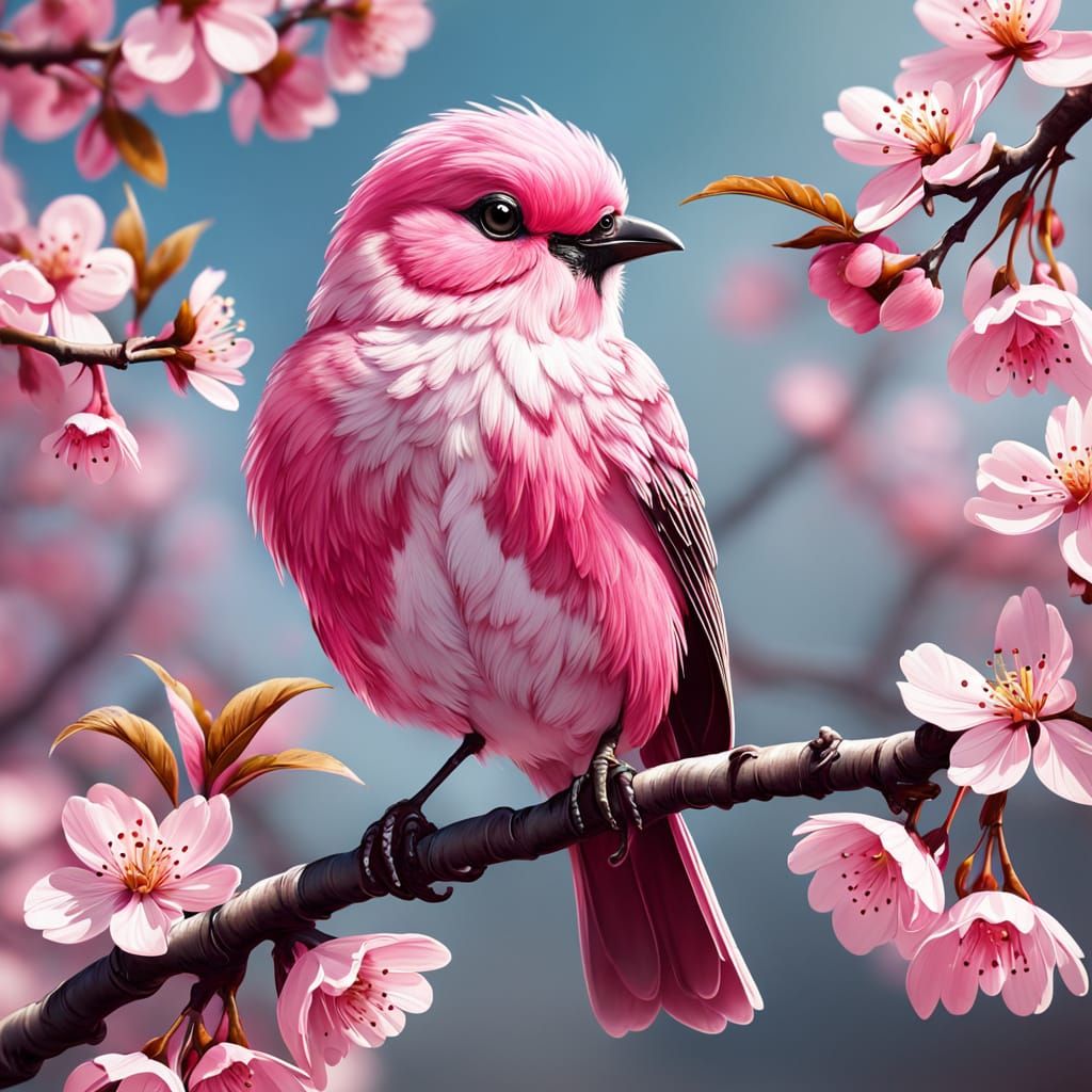 Sweet Pink Bird Perched on Cherry Blossoms