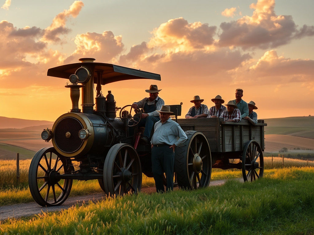 Vintage Steam Tractor at Sunset: Photorealistic Farm Scene