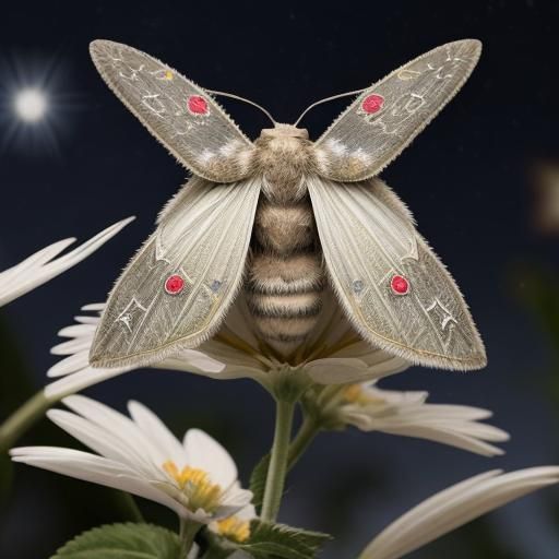 A moth sitting an a flower with the sparkling starry sky bey...