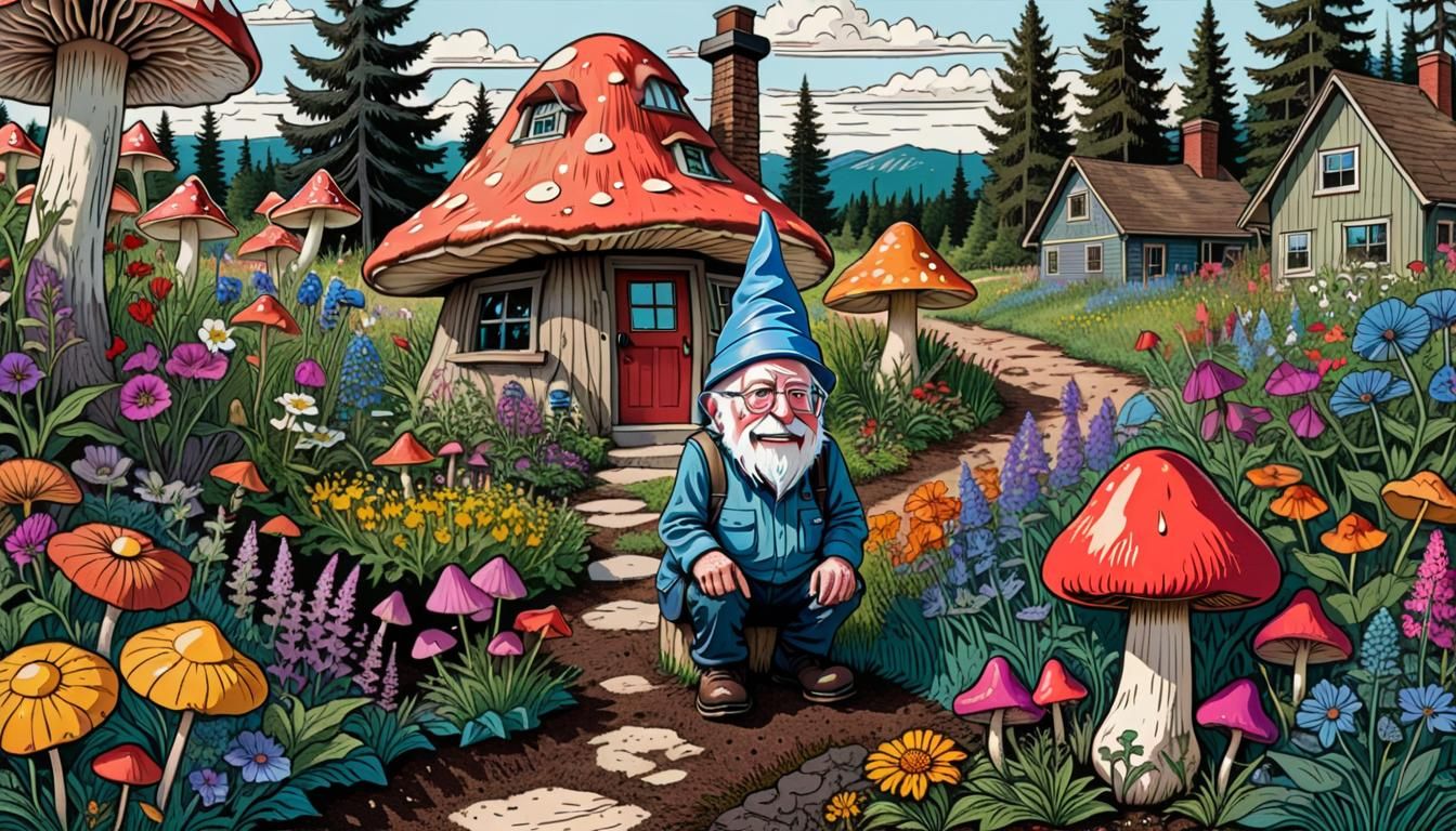 taciturn Bernie Sanders in the foreground as a garden gnome.  Mushroom shaped house in the midground. wildflowers, lots ...