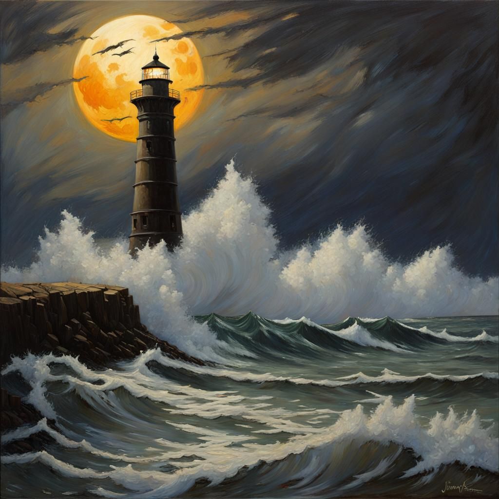 Lighthouse Under Full Moon in Oil Painting Style