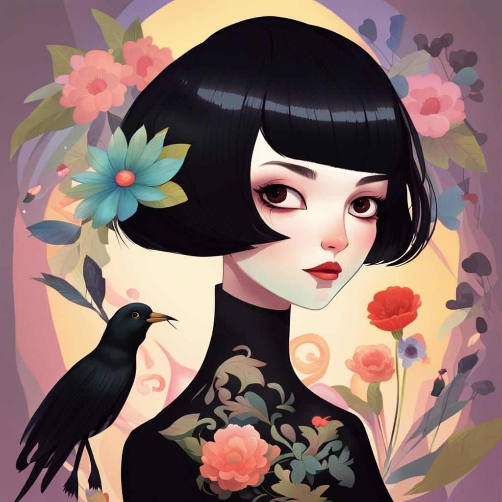 Stylized Woman with Flower and Bird