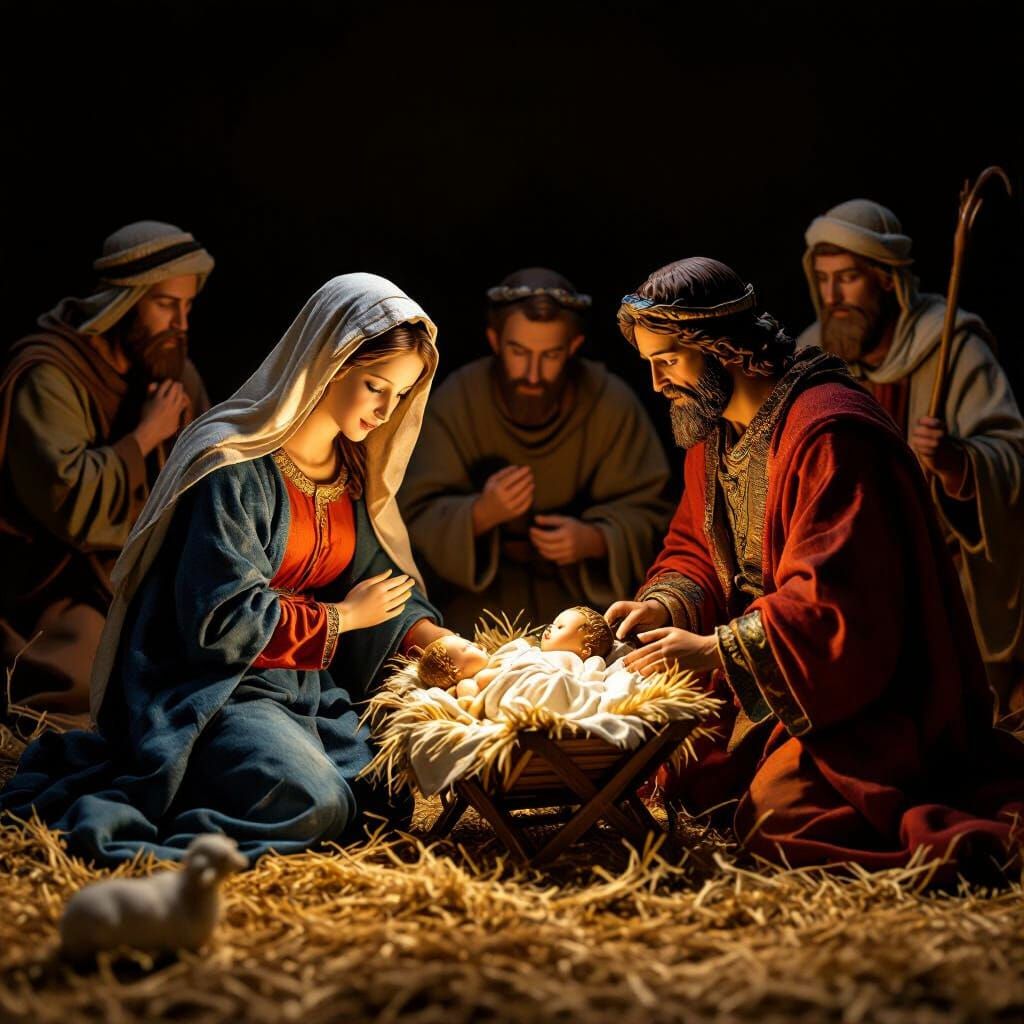 Catholic Nativity Scene with Shepherds and Wise Men