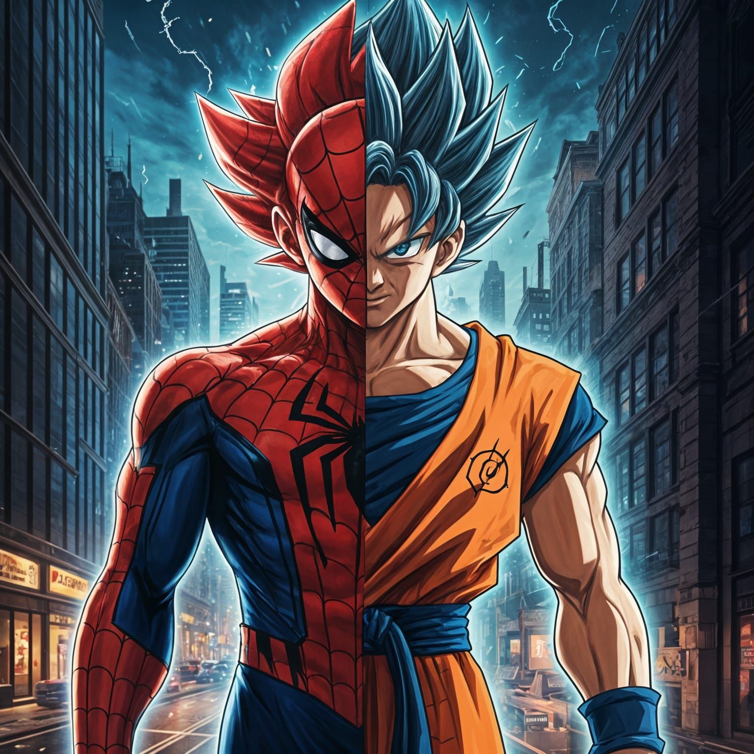 Spider-Man Meets Goku in Vibrant Cityscape Fusion Art