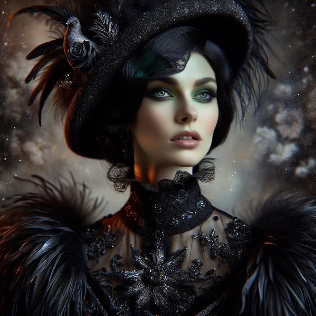 Gorgeous lady dressed in black satin and feathered dress, el...