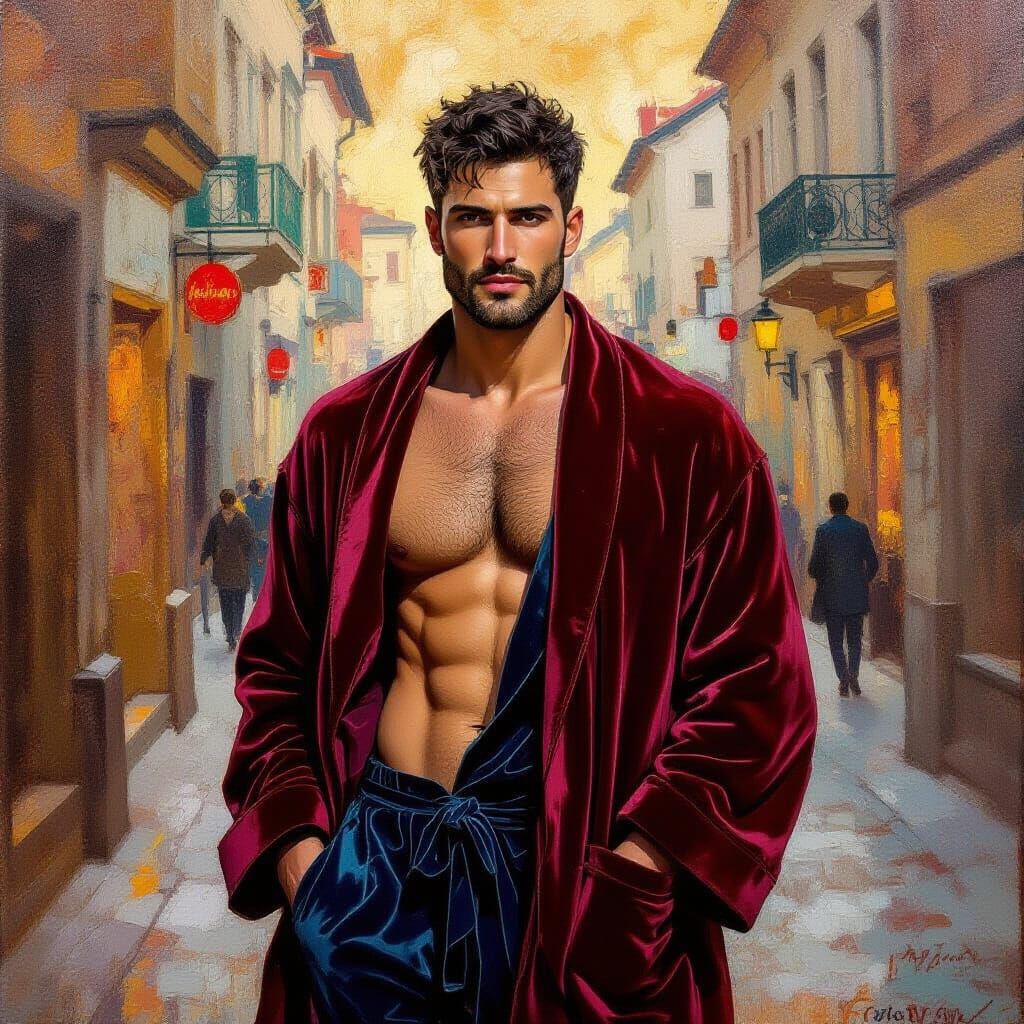 Portrait of Man in Velvet Robe, Impressionist Oil Painting