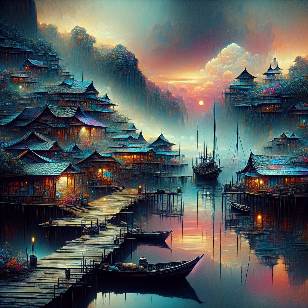 Serene Fishing Village in Hyperrealistic Style