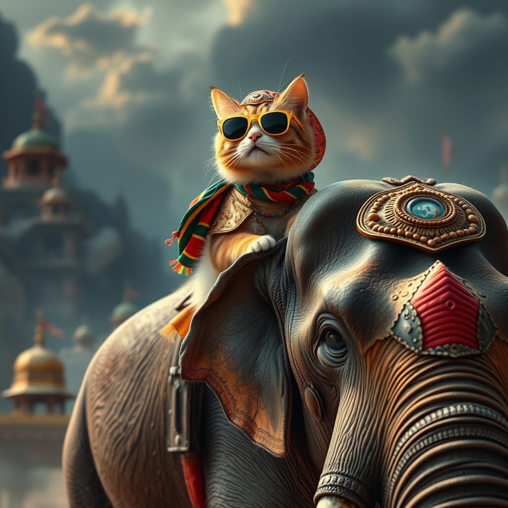 Cat Tourist Rides Elephant: Hyperrealistic Adventure