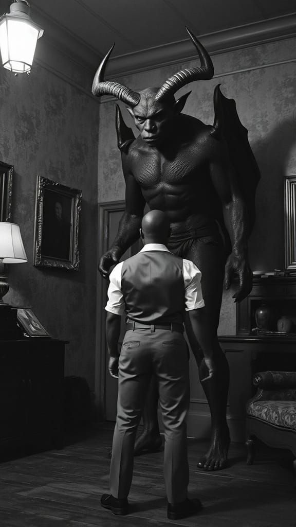 Black Man Meets Demon: High-Contrast Victorian Photograph
