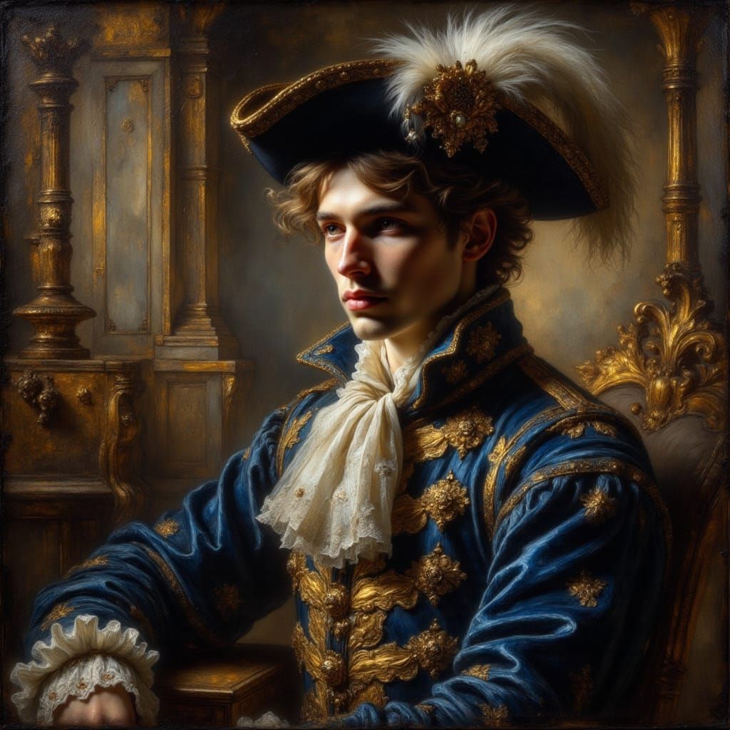 Musketeer Portrait in Baroque Hall, Rembrandt Style