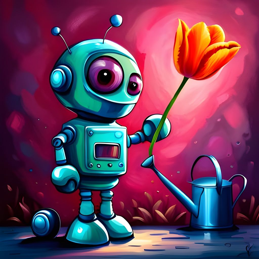 Sad Robot Waters Tulip: Graffiti Art Style
