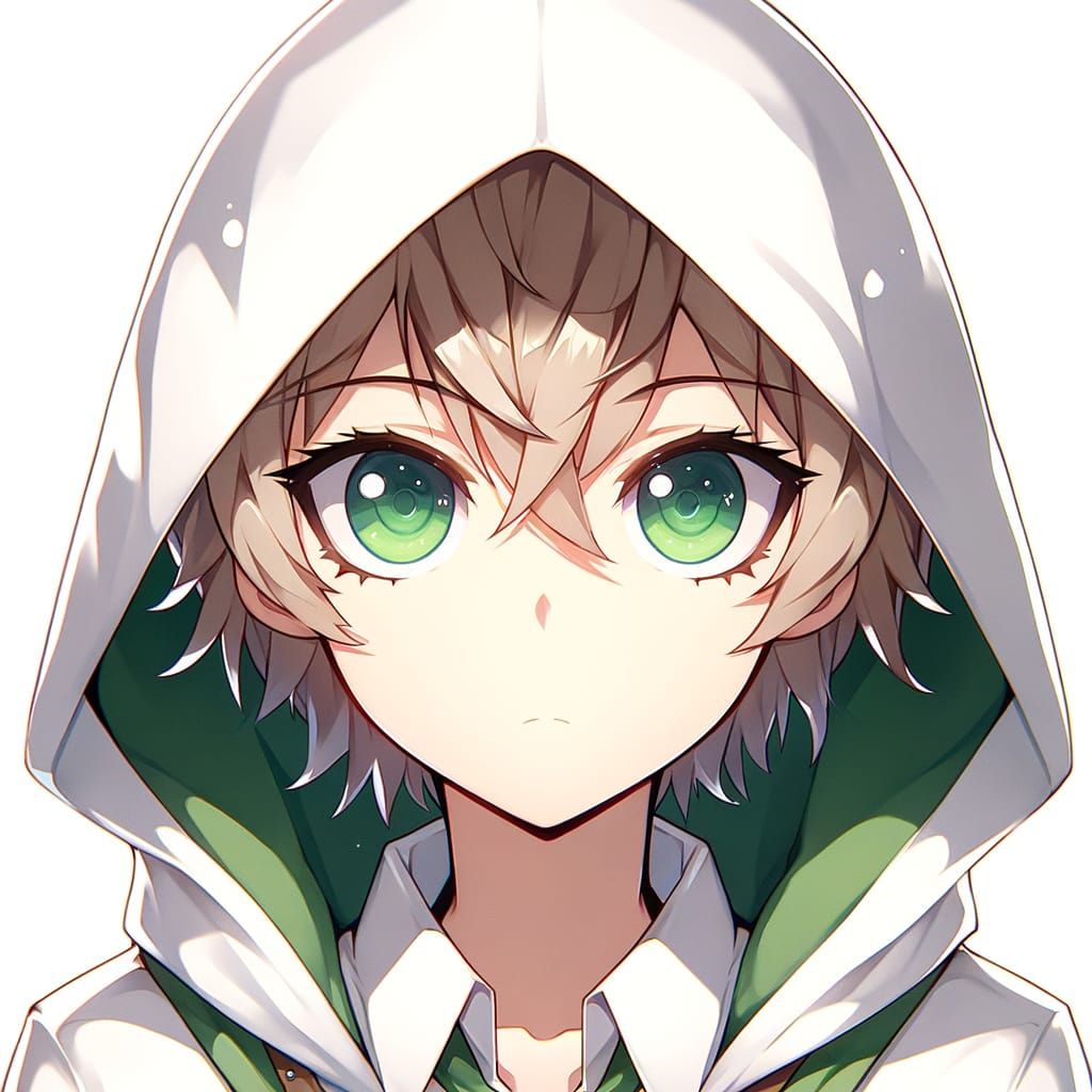 Character with Green Eyes in White Hood, Manga Style