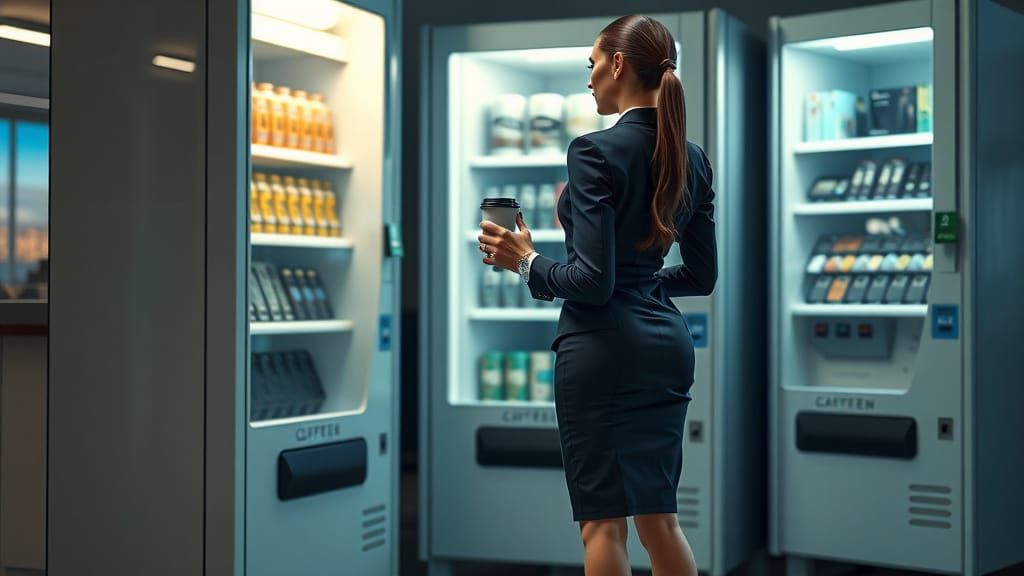 Confident Office Executive Interacts with Futuristic Vending...