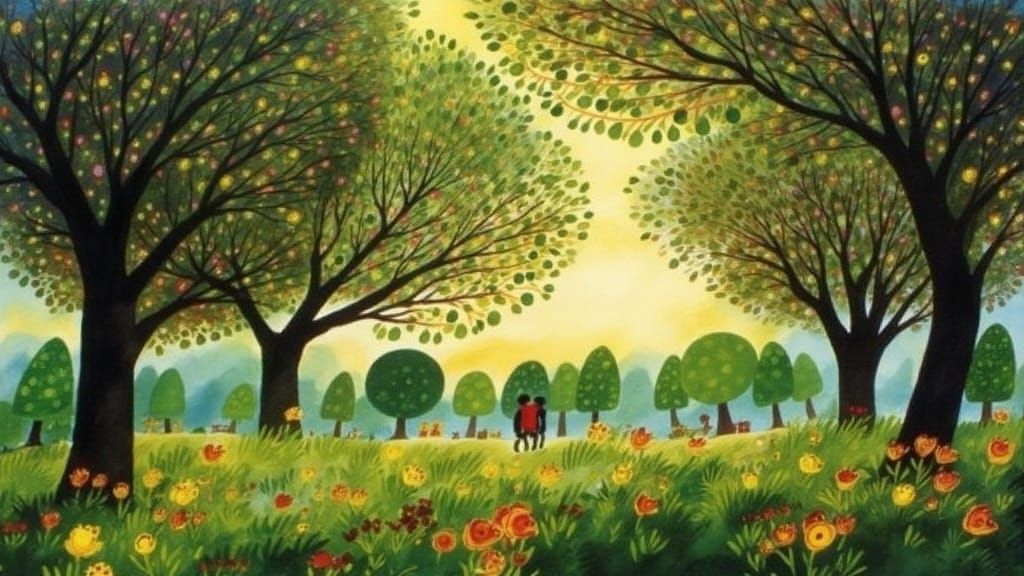 Vibrant Summer Orchard Scene in Whimsical Ink Style