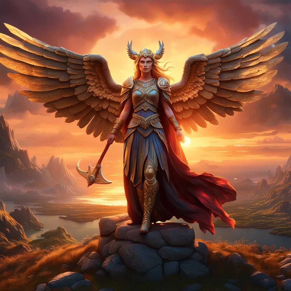 Freya, Norse Goddess, Wings and Sunset: Fantasy Art
