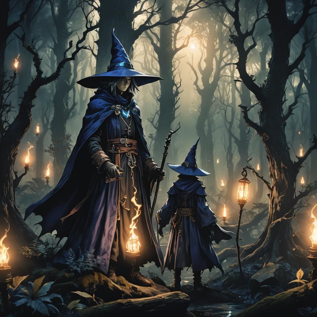 Mysterious Black Mage in Ink Illustration Style