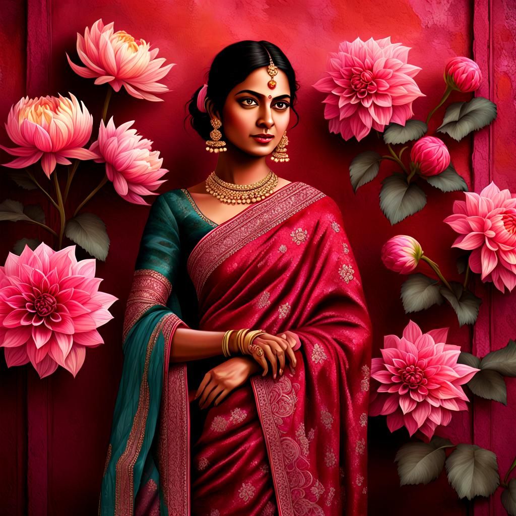 Indian Woman in Sari Against Brick Wall