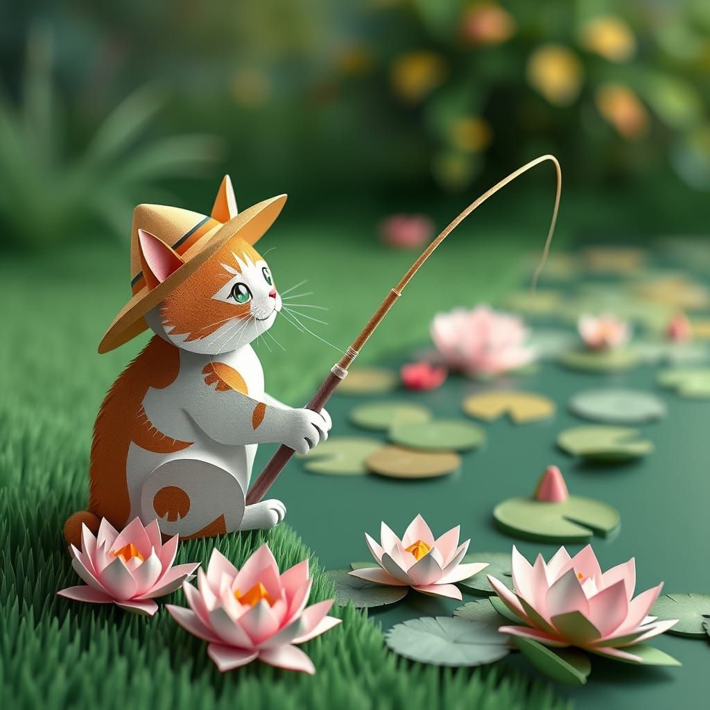 Whimsical Cat Reels in the Serenity of a Pond
