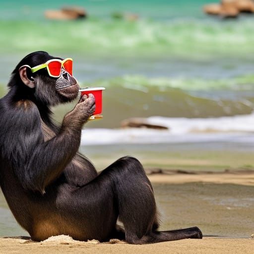 Chimpanzee on Vacation at Tropical Beach