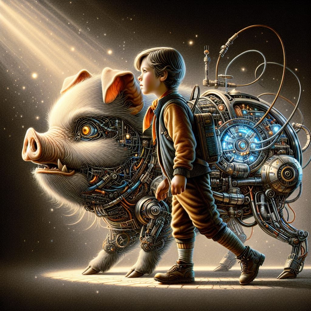 D750 NIKKON : dramatic light: detailed maximalist everyday life scene of a boy hero, accompanied by his faithful friend,...