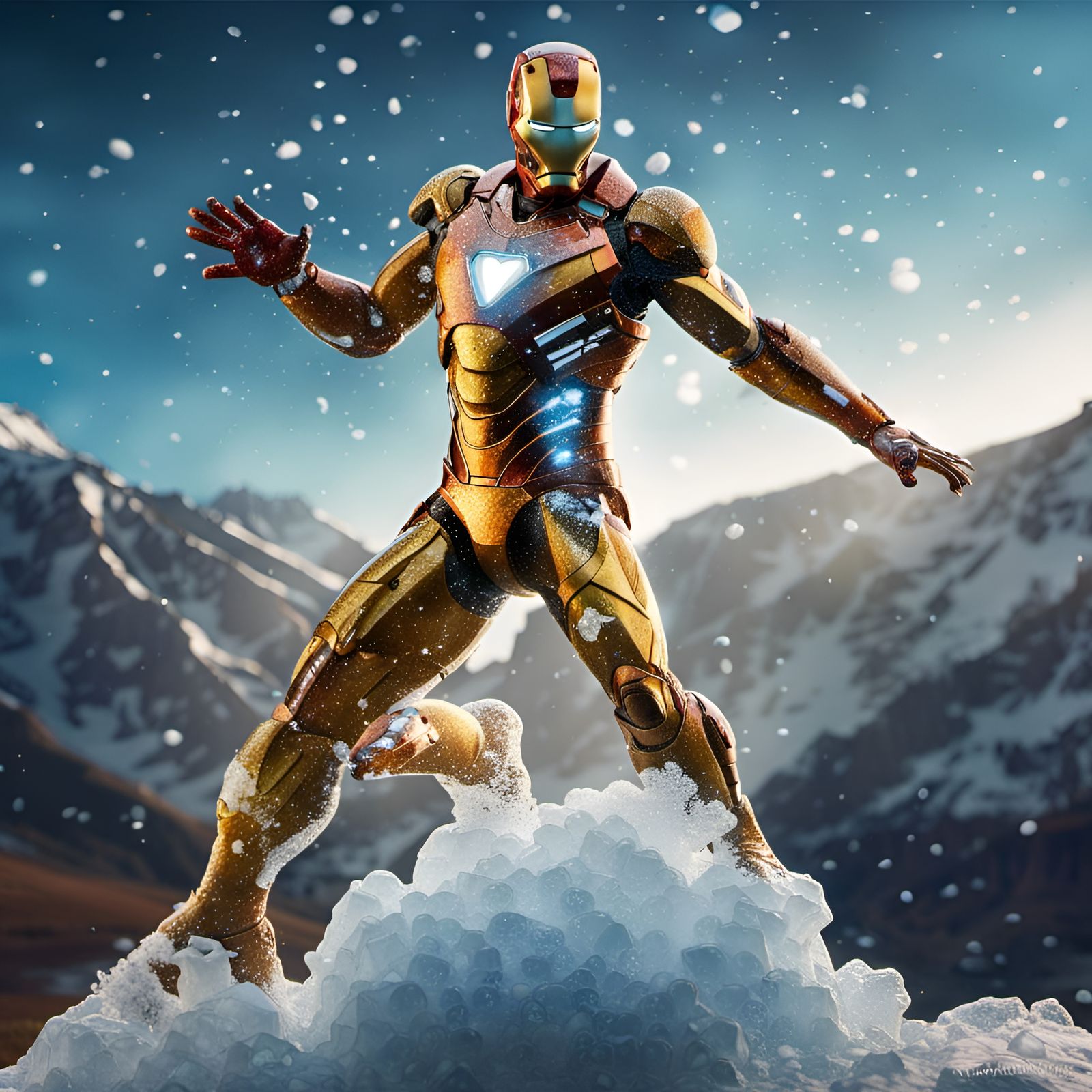 Hyperrealistic Ice Statue of Iron Man in Iced Mountains