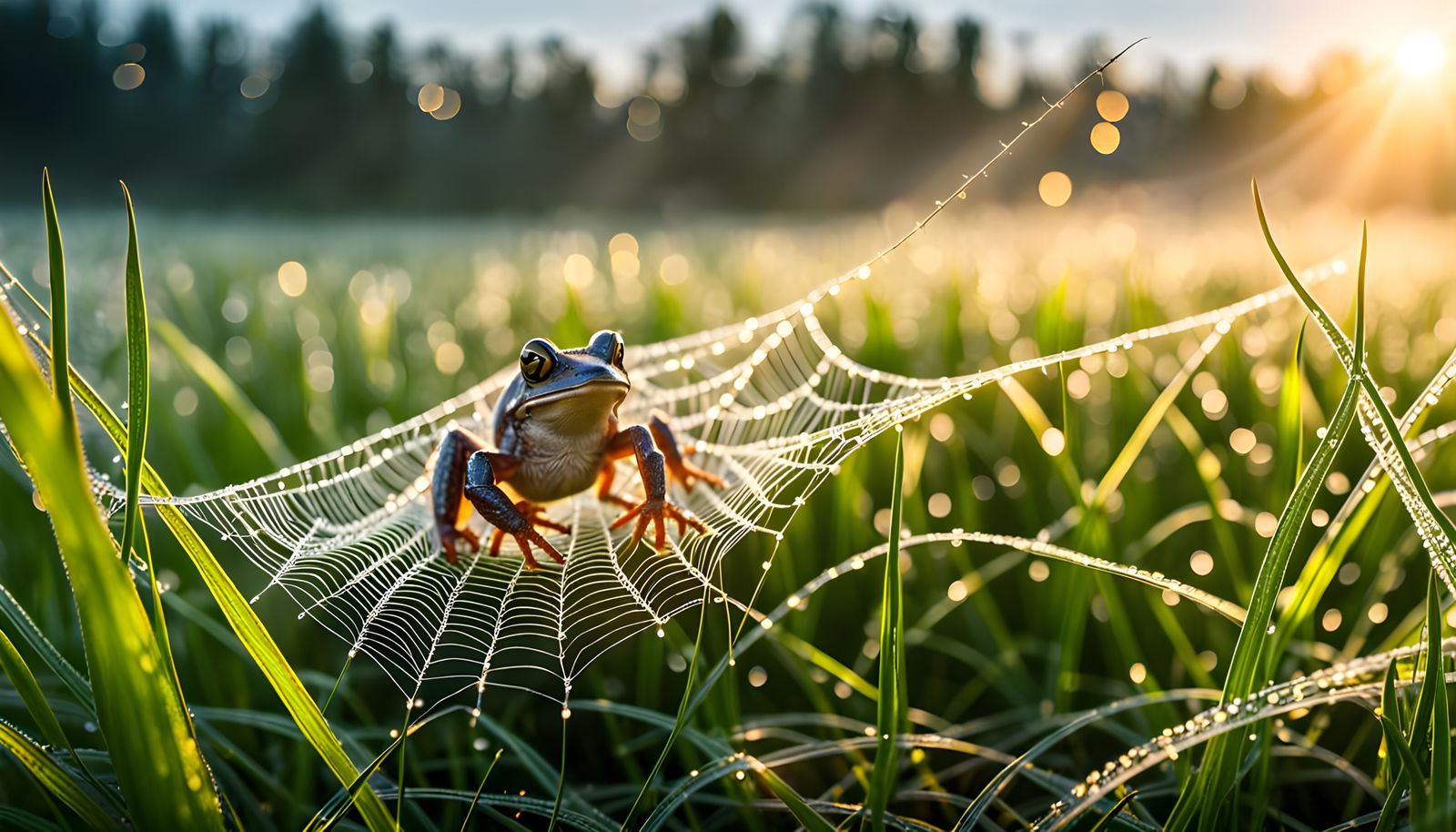 Dewy Frog in Cobweb: Hyperrealistic Sci-Fi Macro