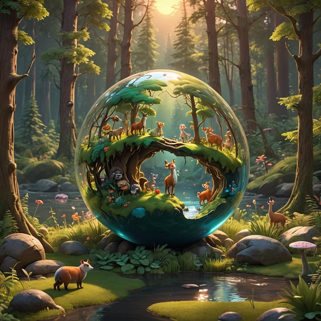 Forest Inside Sphere With Animals: 3D Digital Art