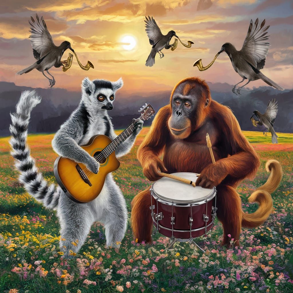 Lemur and Orangutan Musicians in Van Gogh Style