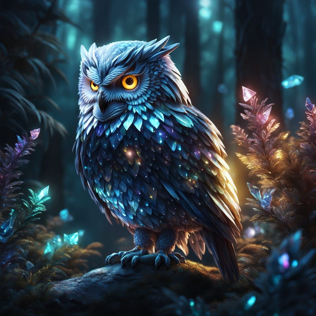 Crystal Owl in Bioluminescent Forest