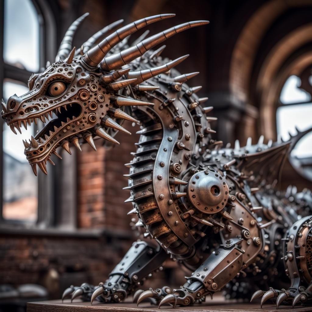 Metal Dragon Statue Made of Screws and Bolts