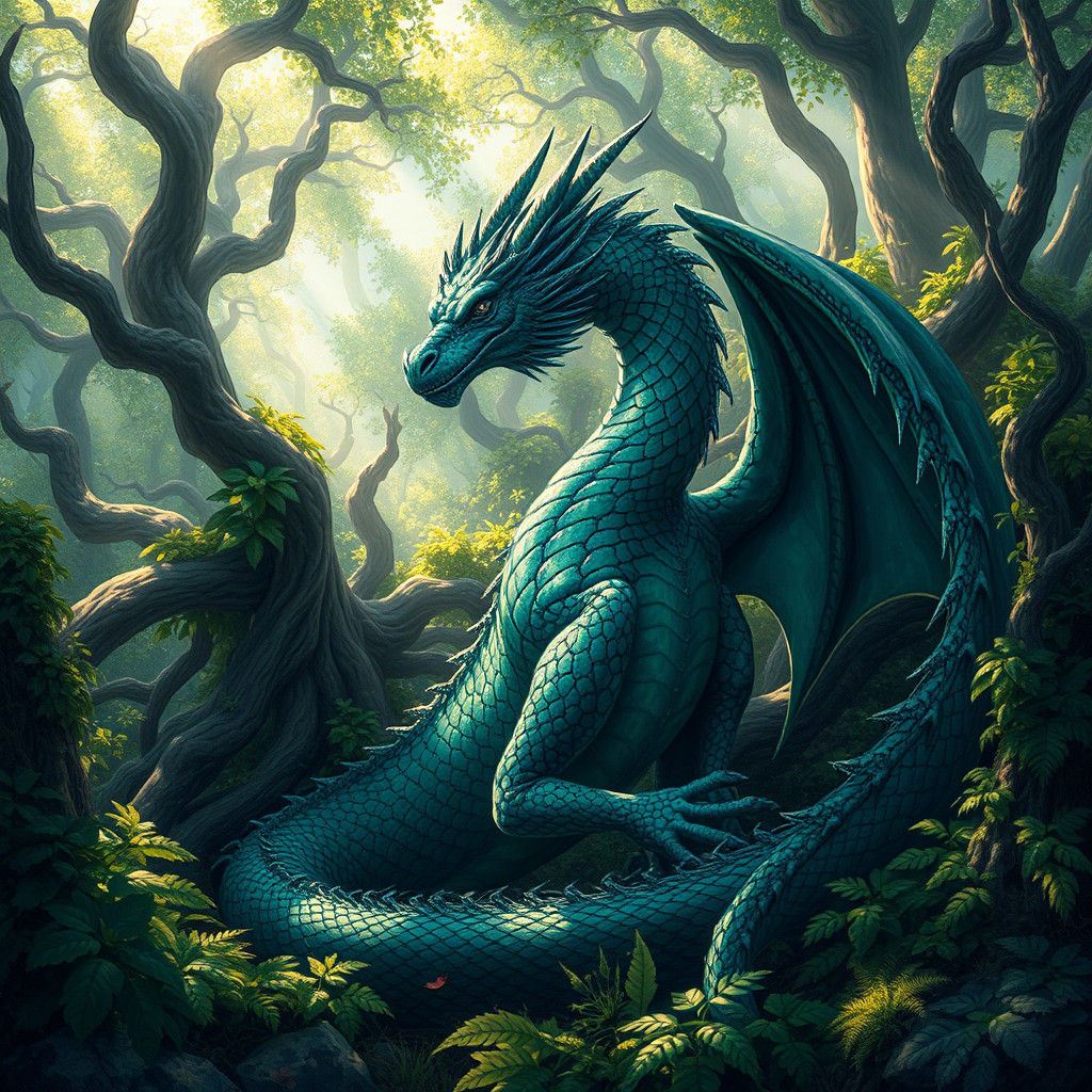 Majestic Dragon in Forest, Fantastical Style