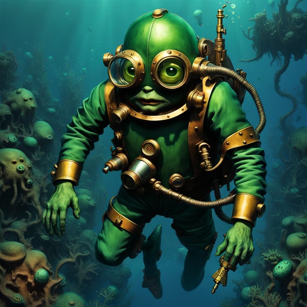 A mischievous goblin with sharp, green skin, clad in a vintage 1960's deep-sea diving suit, exploring the depths of the ...