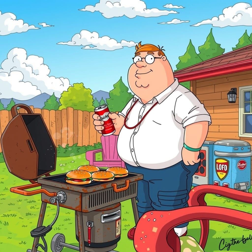 Confident Peter Griffin Grills Burgers in Sun-Drenched Backy...