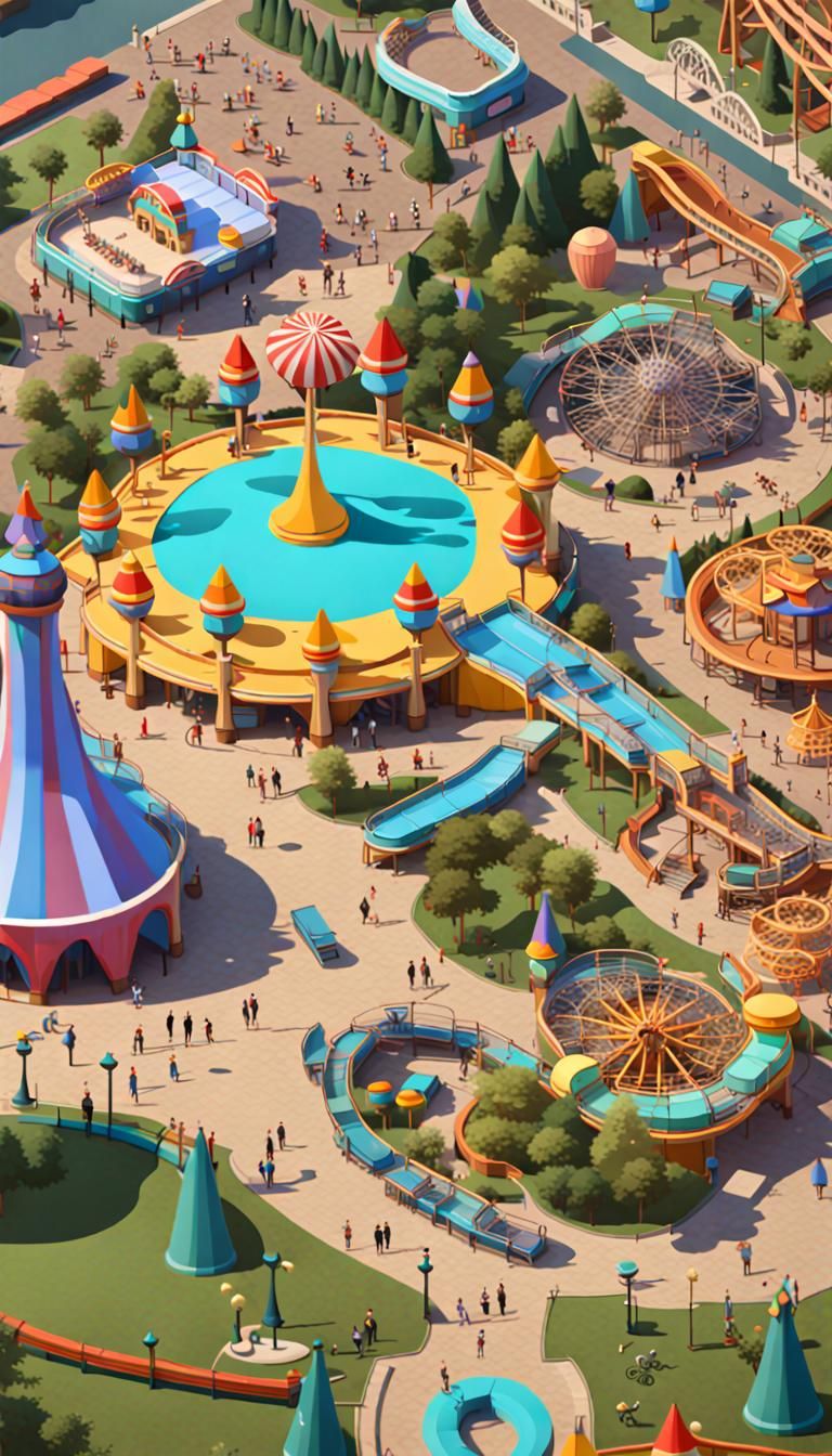 Colorful Theme Park Scene with Rides and Characters