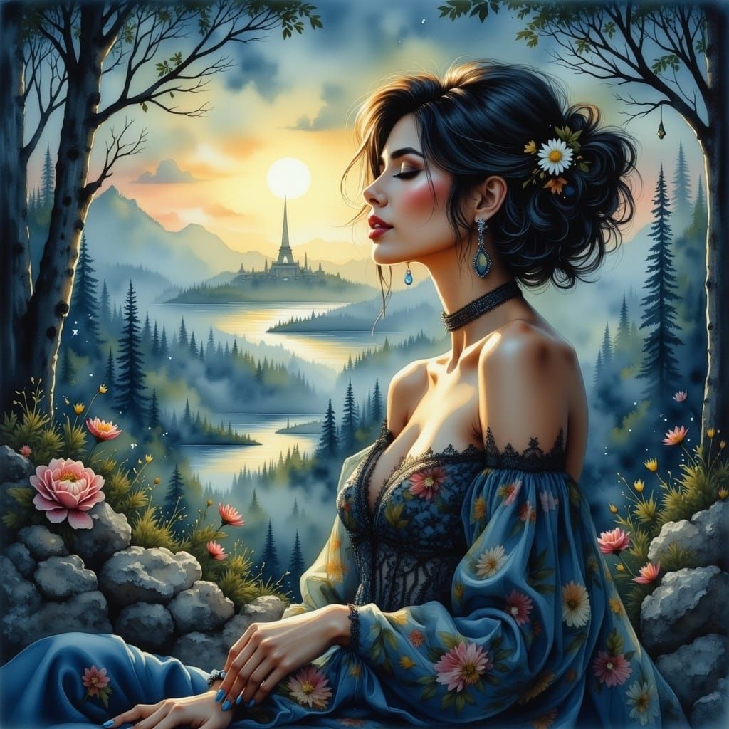 Ethereal Woman in Misty Forest: Dreamy Digital Art