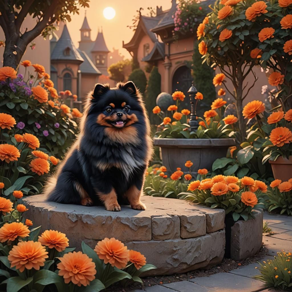 Fluffy Pomeranian in Flowerbed at Sunset, Digital Art