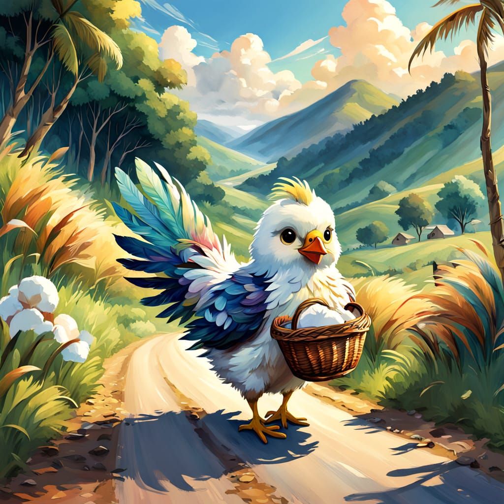 Whimsical Chibi Chick Strolls Down a Country Road