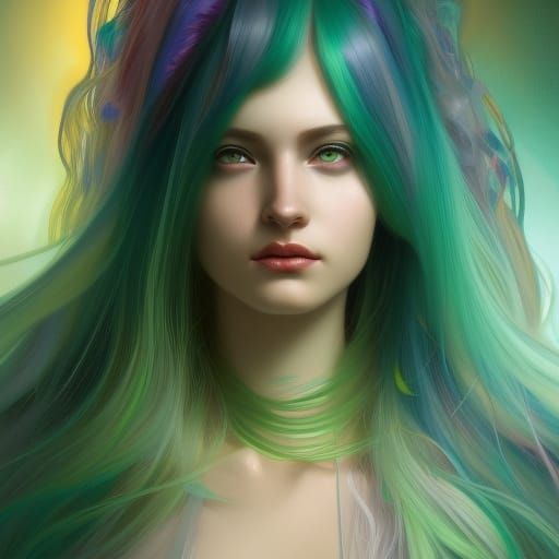 Goddess with Flowing Green Hair, Hyperdetailed Digital Art
