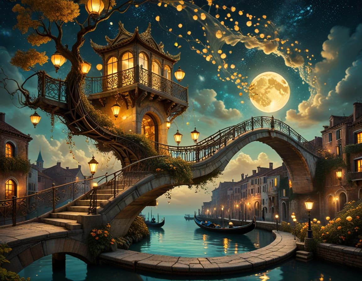 Surreal Venetian Bridge in Golden Night Sky