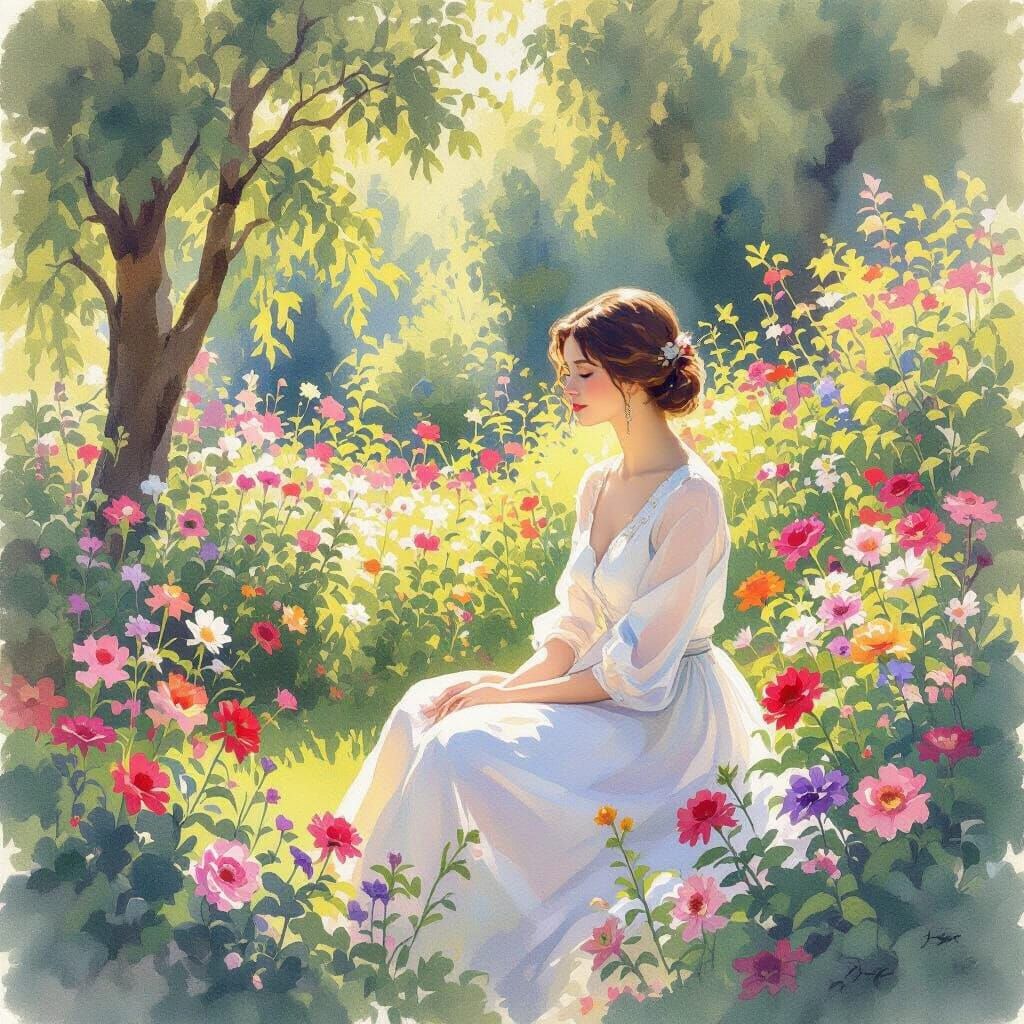 Tranquil Garden Scene in Impressionist Style