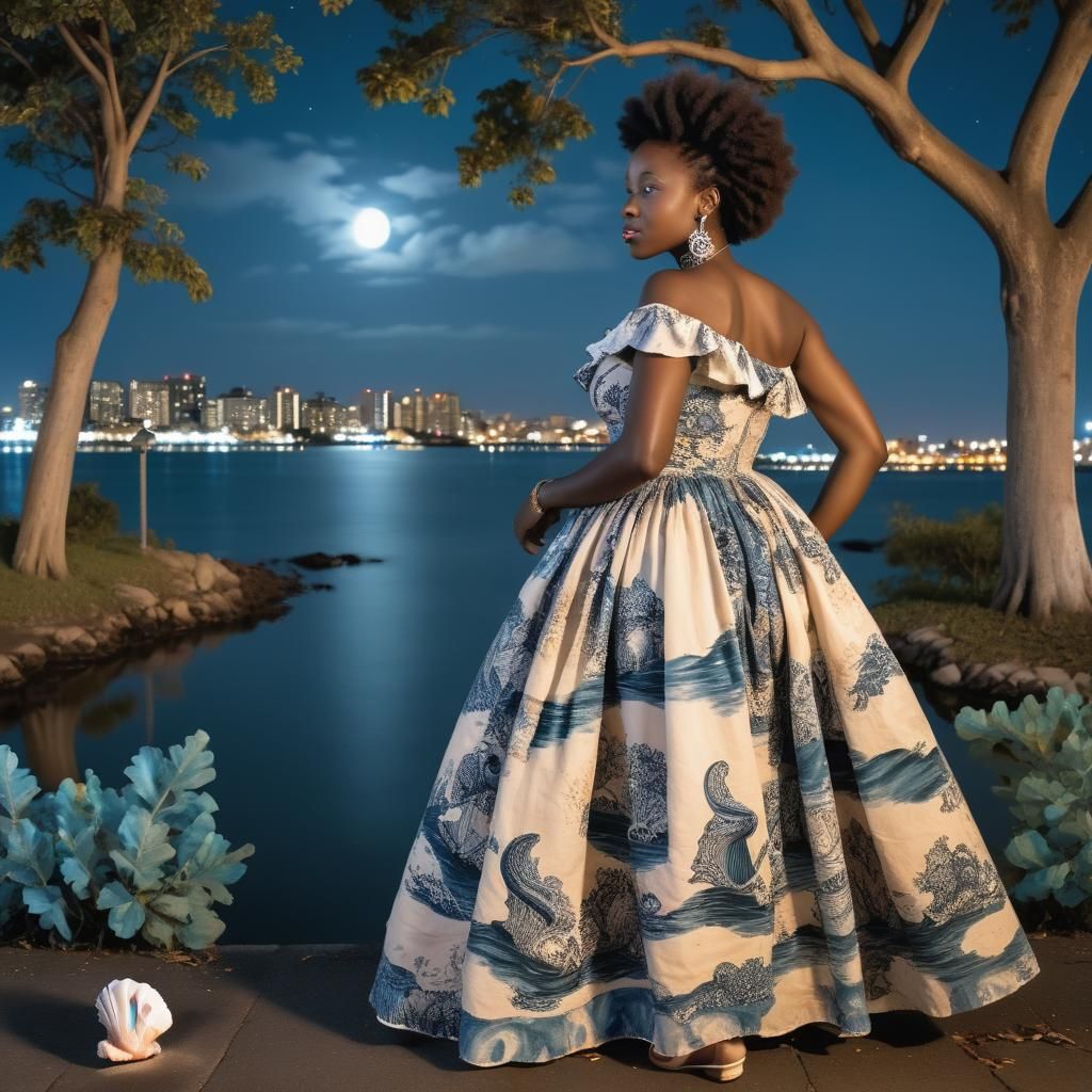 Surreal City Night Scene with Toile Dress in Oceanic Colors