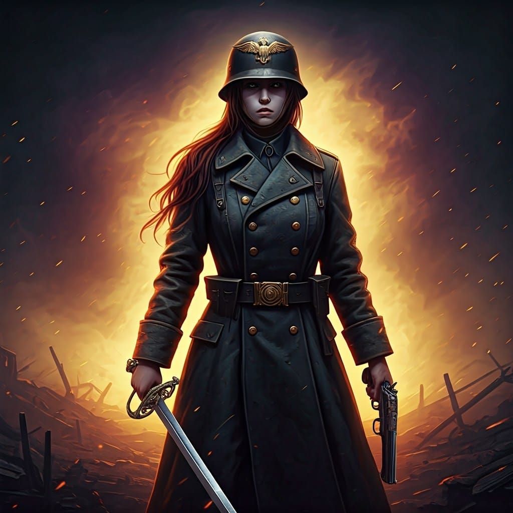 Elegant Female Trench Soldier in Haunting, War-Torn Landscap...