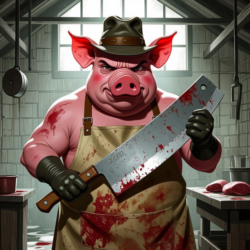 Menacing Pig Butcher in Gritty Graphic Novel Style