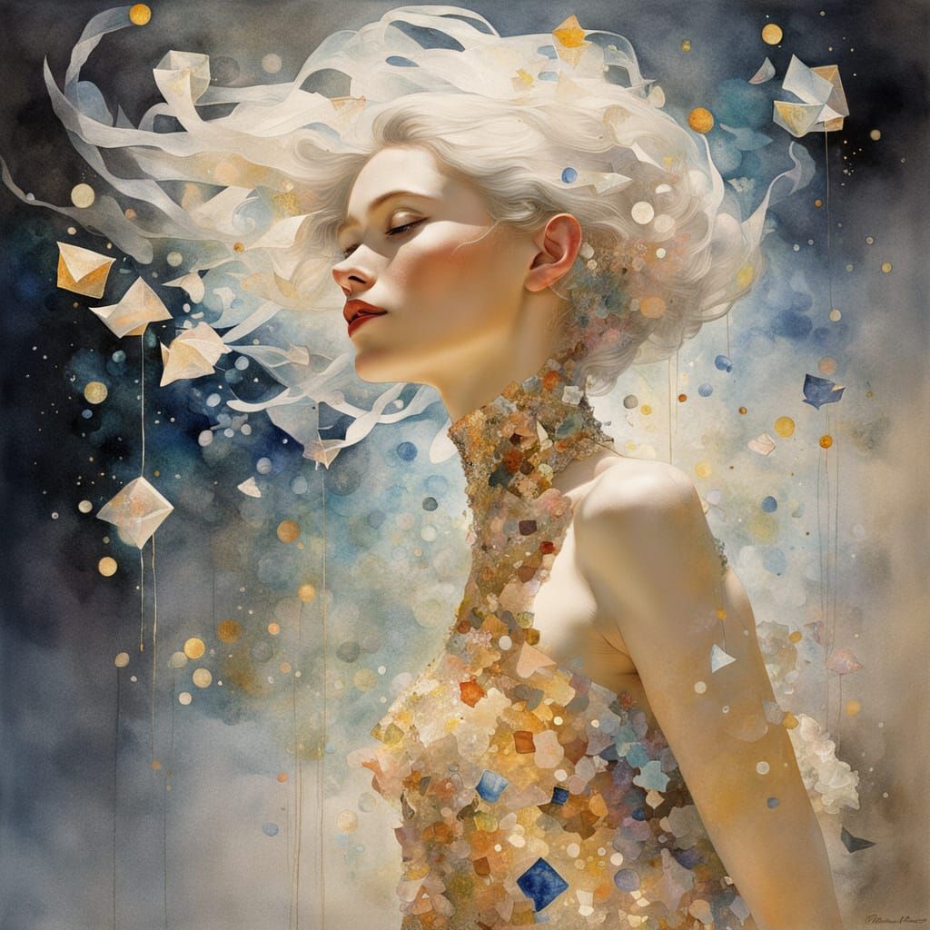 Ethereal Woman in Stardust Dress with Sparkling Ornaments