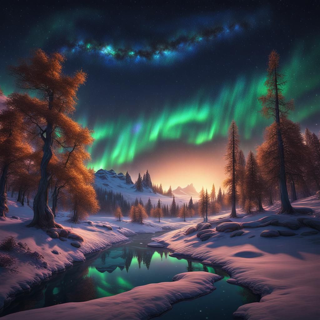 Dramatic Northern Lights Sky in Detailed Digital Painting