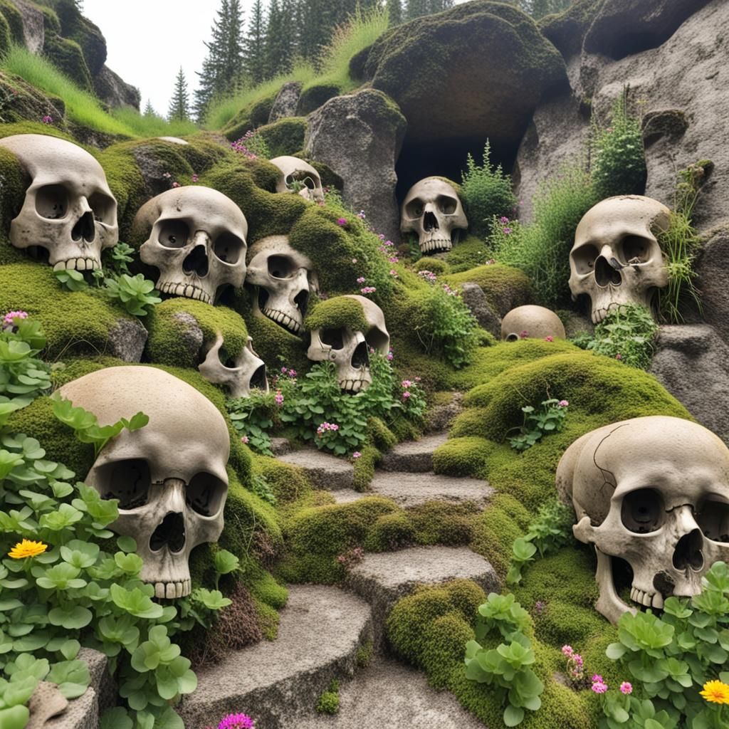 Macabre Rock Garden with Skulls and Alpine Flowers